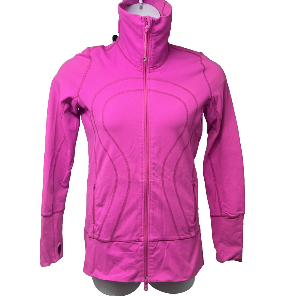 Lululemon In Stride Hot Pink Zip Up Track Jacket Sz 8 Pockets Logos Stretch